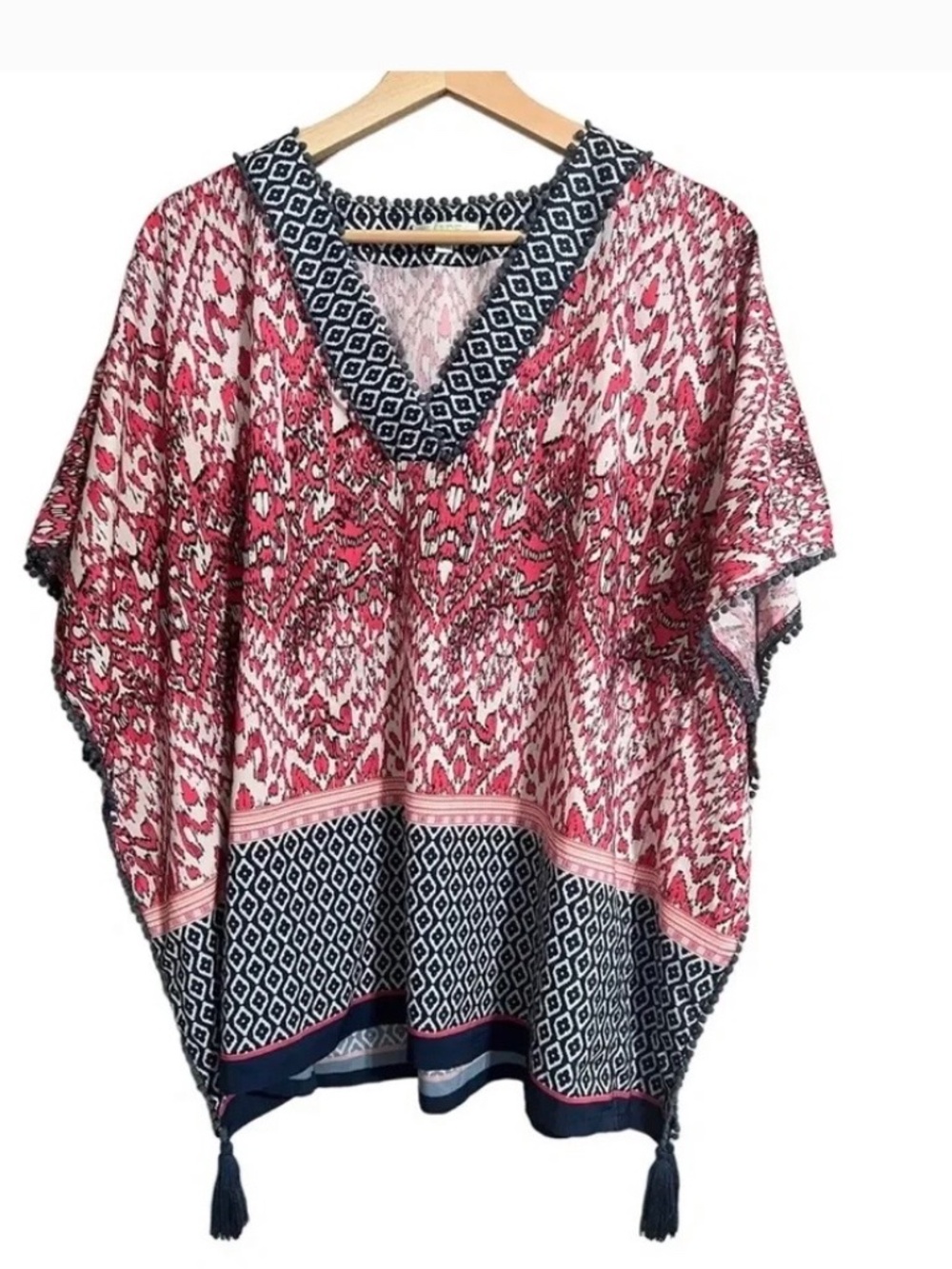 JADE by Melody Tan top M/L tunic Aztec pink/ blue tassels